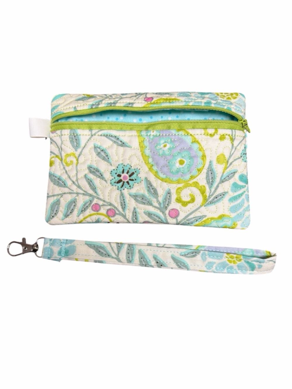 Hand Crafted Zipper Pouch Floral Blue and Green Zipper Wallet - Picture 8 of 11